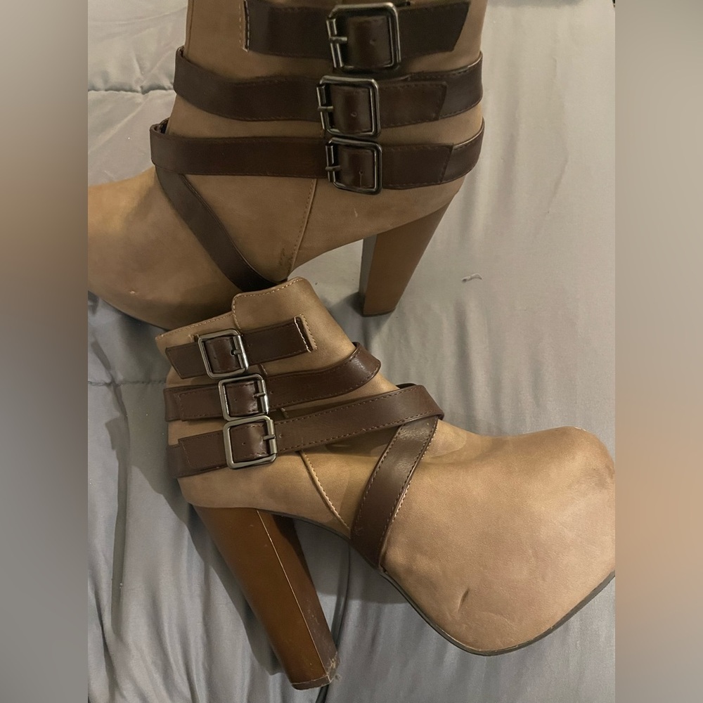 Brown and tan suede platform booties